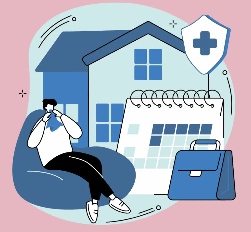 Illustration d’un salarié en arrêt de travail à domicile avec calendrier et protection santé
