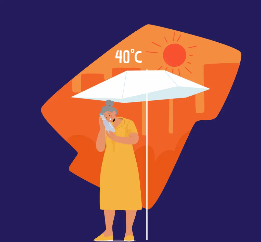 Femme se protégeant de la chaleur sous un parasol par 40°C