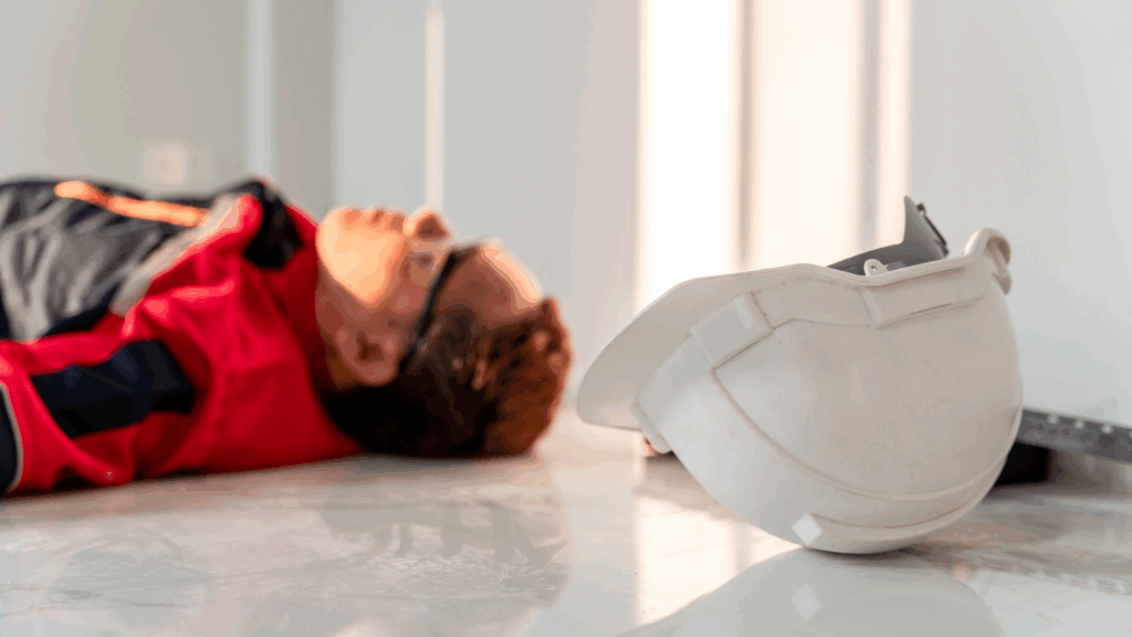 Travailleur victime d’un malaise lié à la chaleur, casque de chantier au sol