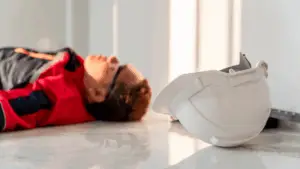 Travailleur victime d’un malaise lié à la chaleur, casque de chantier au sol