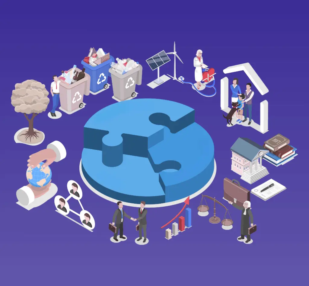 Illustration du concept RSE : environnement, social et gouvernance, avec des symboles liés au recyclage, à la transition énergétique, à l'inclusion sociale et à l'éthique d'entreprise.
