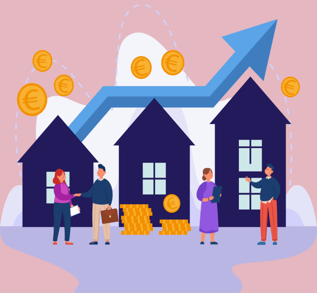 Illustration représentant des professionnels de l'immobilier et des graphiques liés à l'optimisation fiscale des investissements immobiliers.