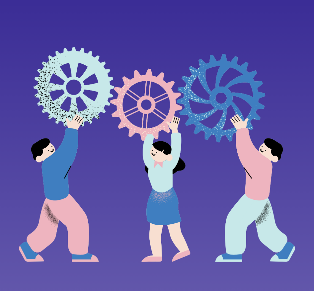 Illustration de personnes portant des engrenages symbolisant la collaboration et la stratégie en entreprise