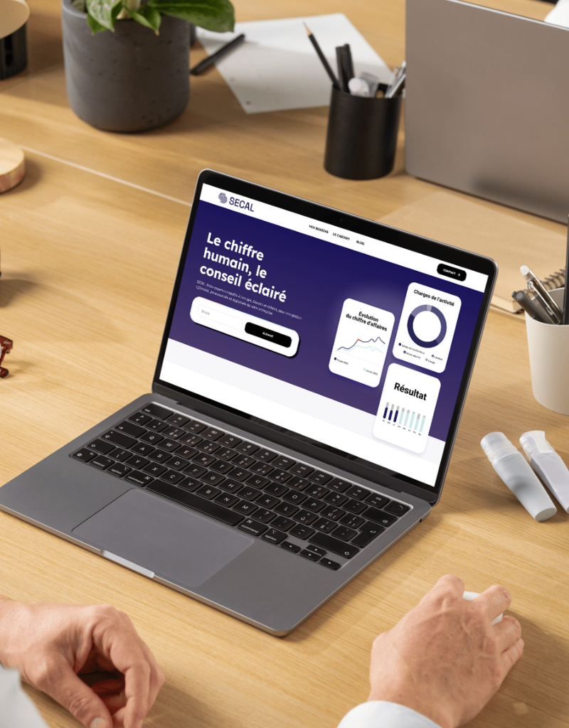 Un ordinateur portable affichant la page d'accueil de SECAL avec un graphique et des données d'analyse pour l'optimisation de la gestion des tâches administratives.