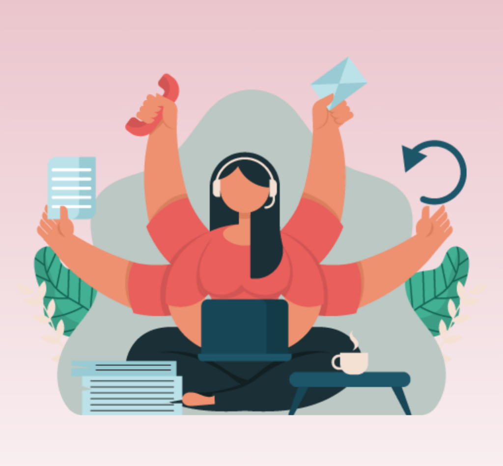 Une illustration représentant une personne multitâche, avec plusieurs bras gérant différents aspects administratifs, symbolisant la surcharge de travail des dirigeants de TPE.