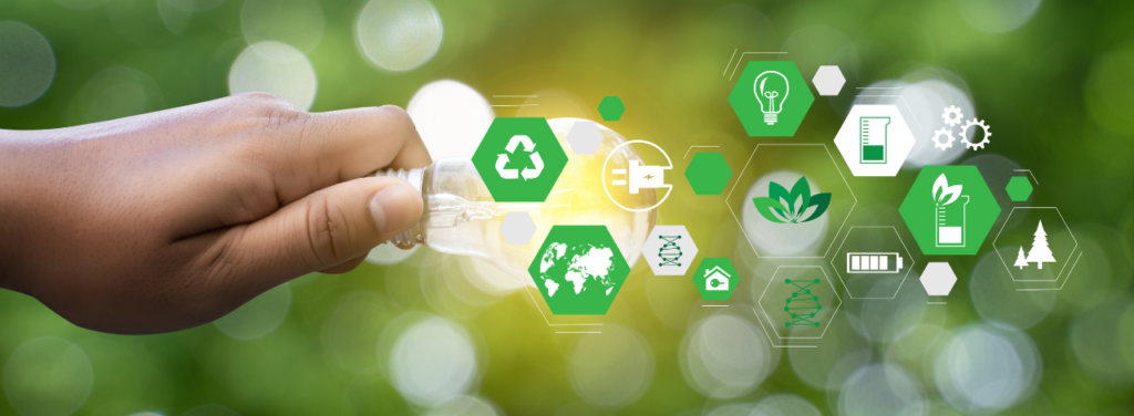 Ampoule tenue en main avec icônes écologiques illustrant la RSE et le développement durable en entreprise