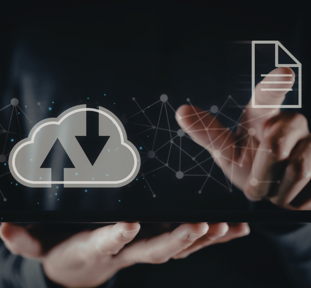 Image illustrant l'option de sauvegarde dans le cloud, avec un symbole de nuage et une main effectuant une action de transfert de fichier.