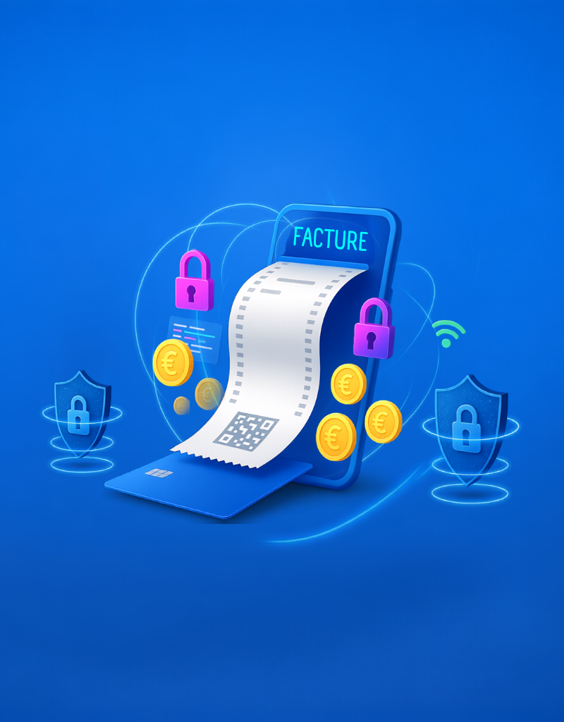 Facture électronique sur smartphone entourée de cadenas et de symboles euro, illustrant la réforme pour les LMNP.