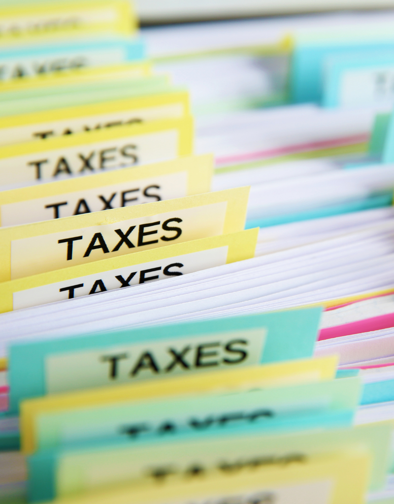Dossiers fiscaux classés avec des intercalaires « Taxes », illustrant le numéro de TVA intracommunautaire d’une entreprise.